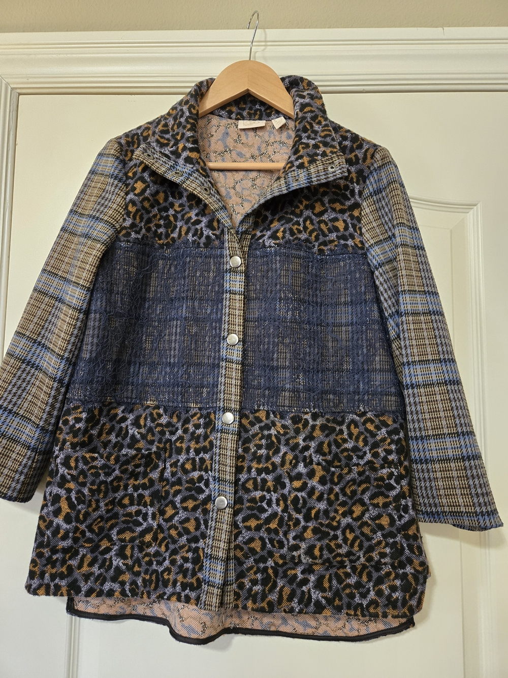 Logo Lavish Mixed-Pattern Blue, Tan & Black Blazer Jacket Patchwork